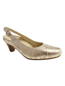 Clement Salus Antillas. Zapato de tacón cómodo dorado